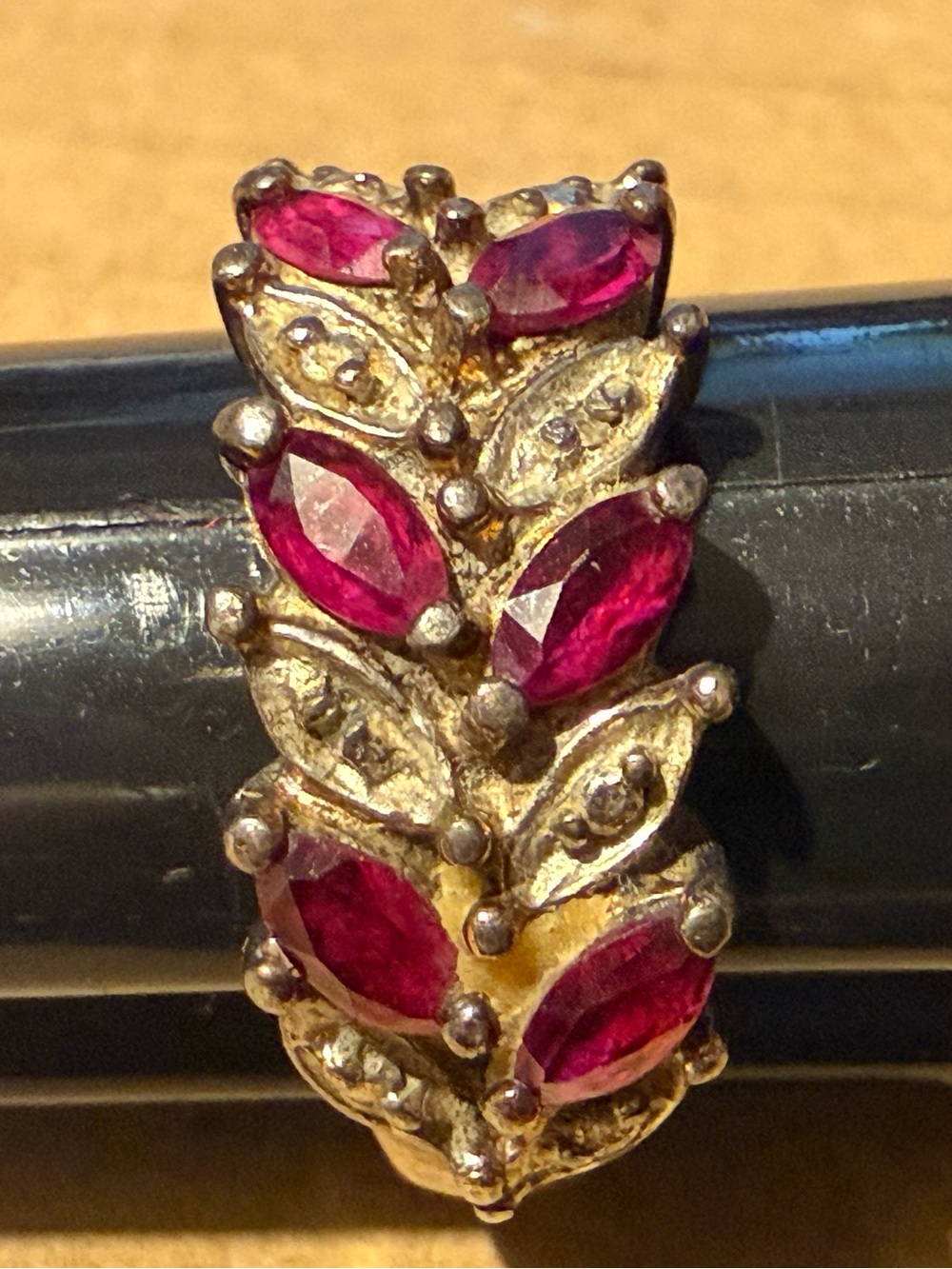 Gold-Tone Leaf Ring Ruby Marquise Stones
